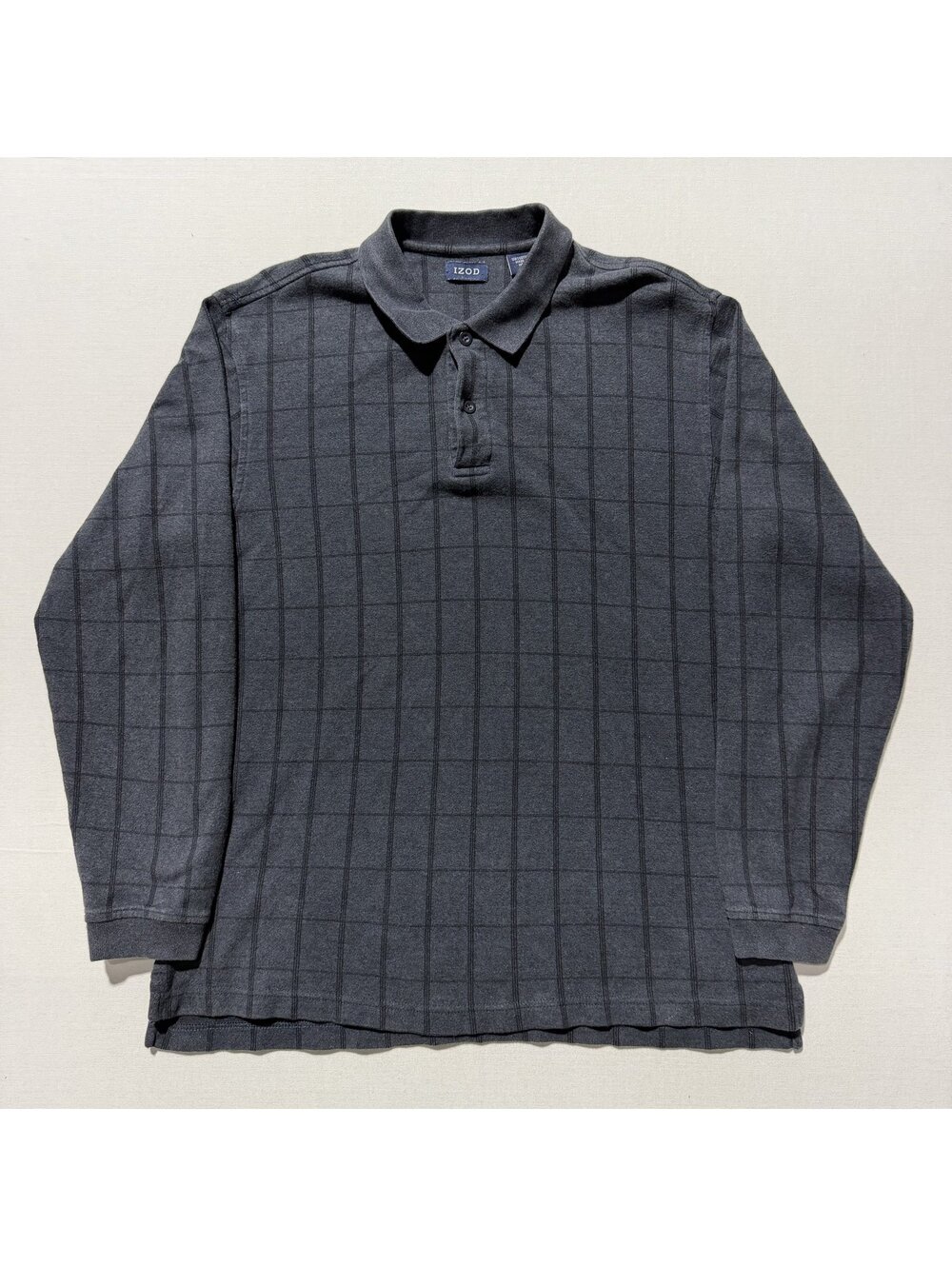 Izod Gray Windowpane Long Sleeve Polo Shirt Preppy